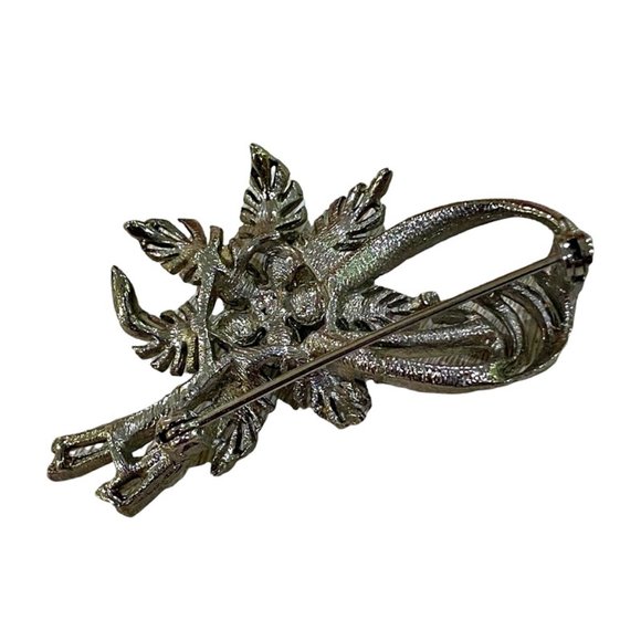 Vintage Rhinestone Brooch Bow Flower Silver-tone 6 Blue & Green Stones 2 Inch - Picture 6 of 8